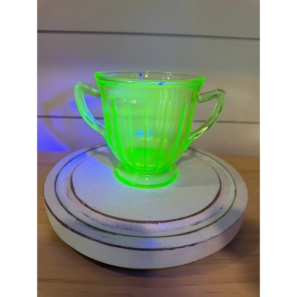 Vintage Antique Uranium Glow Glass Open Sugar Bowl Double Handle Ribbed Lines
